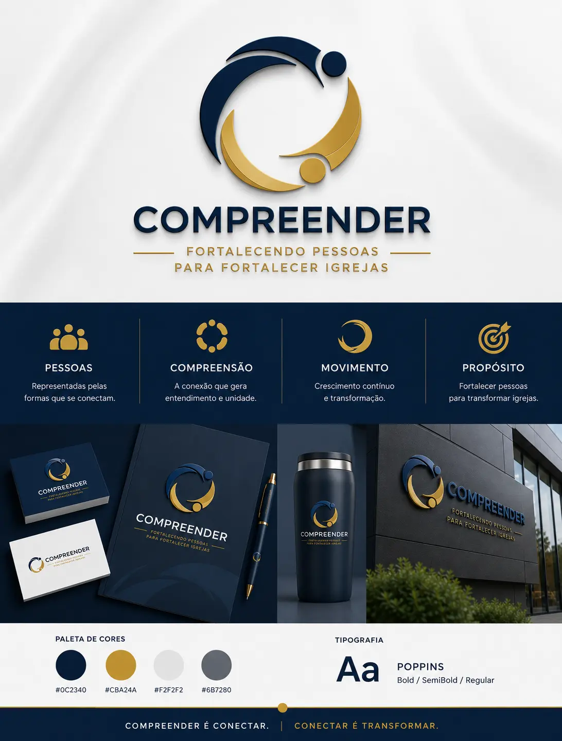 Projeto real de branding Compreender com aplicações de identidade